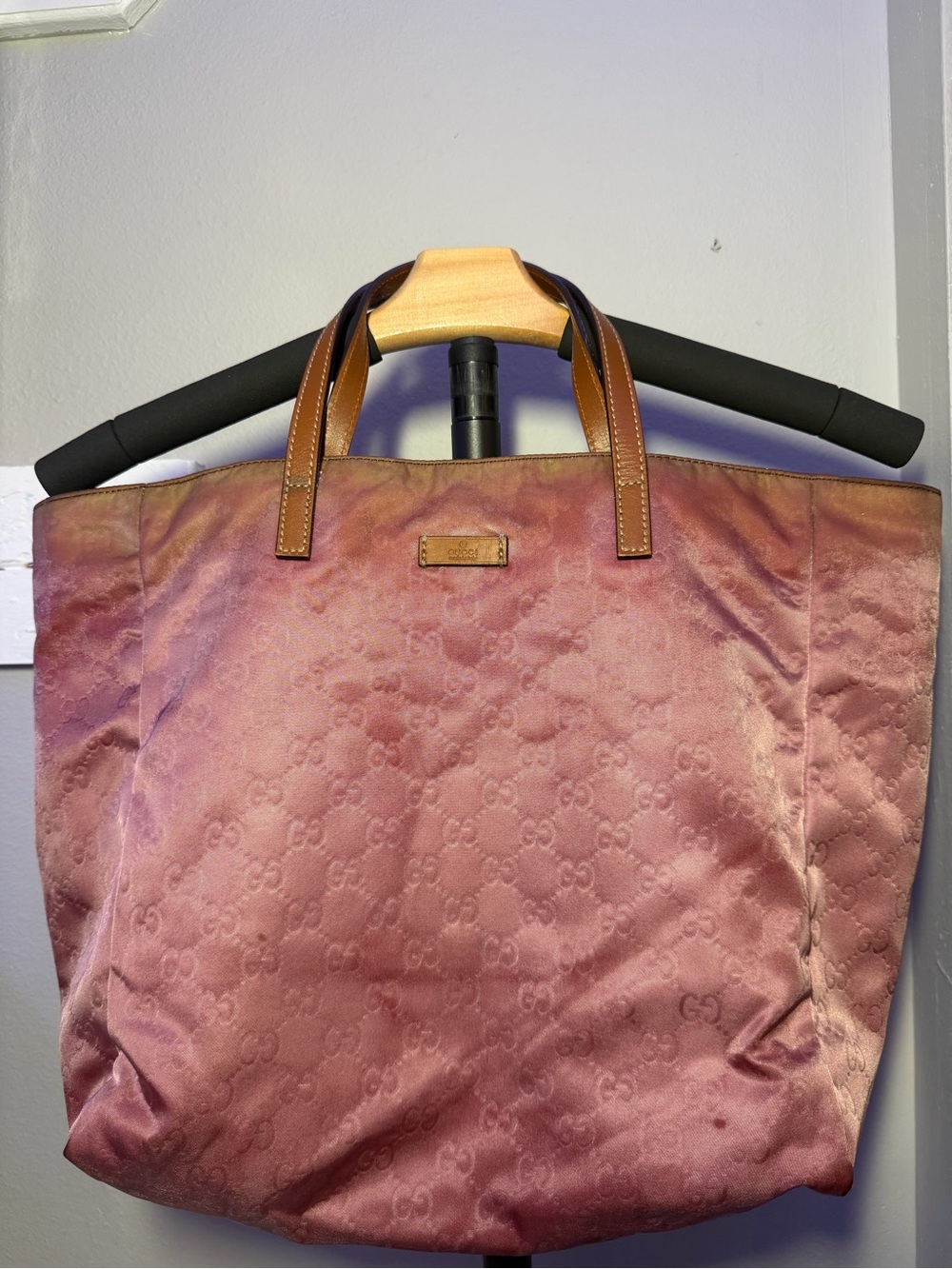 Gucci Pinkish Purple Tote Bag with Brown Leather Handles (project bag)